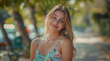 magnifique Jeune femme dans une été robe souriant photo