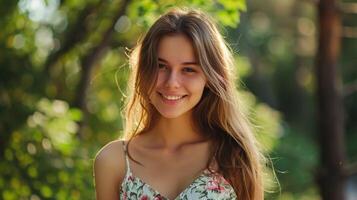 magnifique Jeune femme dans une été robe souriant photo