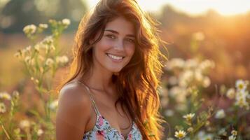 magnifique Jeune femme dans une été robe souriant photo