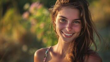 magnifique Jeune femme dans une été robe souriant photo