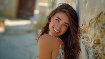 magnifique Jeune femme dans une été robe souriant photo