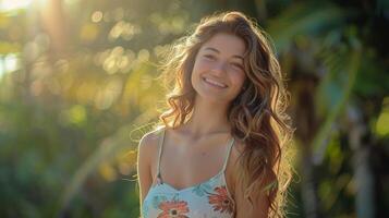 magnifique Jeune femme dans une été robe souriant photo