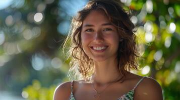 magnifique Jeune femme dans une été robe souriant photo