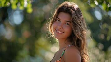 magnifique Jeune femme dans une été robe souriant photo