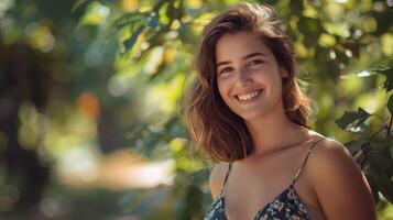 magnifique Jeune femme dans une été robe souriant photo