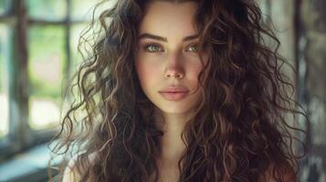 magnifique Jeune femme avec longue frisé marron cheveux photo