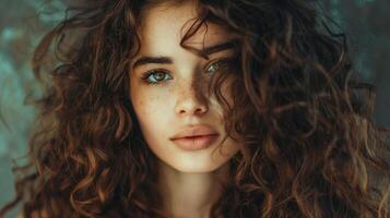 magnifique Jeune femme avec longue frisé marron cheveux photo