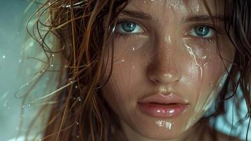 magnifique Jeune femme avec humide marron cheveux à la recherche photo