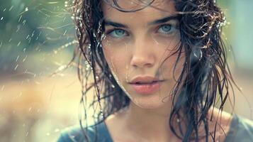 magnifique Jeune femme avec humide cheveux à la recherche photo