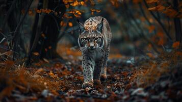 gros chat en marchant par foncé l'automne forêt photo