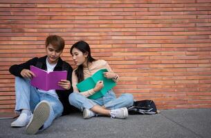 groupe de Jeune interracial diverse Université élèves en train de lire cahier de texte et séance à l'extérieur une salle de cours en dessous de une bâtiment, engageant dans une discussion ensemble, Université Campus, profiter Campus des loisirs. photo