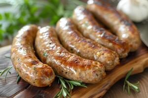 fraîchement cuit bouchers fait, fait maison saucisses avec Romarin sur une en bois planche. grillé poulet saucisses. photo