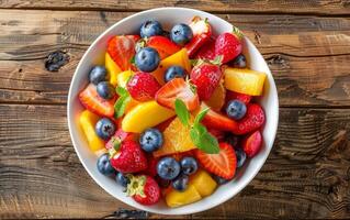 une bol de fruit salade avec des fraises, myrtilles, et des oranges photo