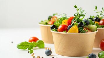 prendre une façon salade dans jetable artisanat papier bol sur blanc arrière-plan, nourriture concept maquette photo