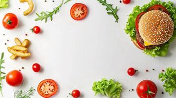 Haut vue de délicieux Burger et Frais légume Ingrédients sur blanc Contexte photo