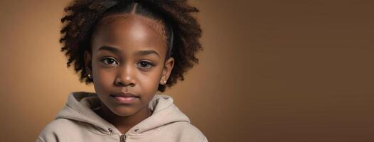 un africain américain enfant fille isolé sur une ambre Contexte avec copie espace. photo