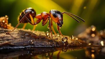 rouge fourmis sont à la recherche pour nourriture sur vert branches. neural réseau photo