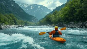 kayakiste pagayer le rapides de une magnifique Montagne rivière. . photo