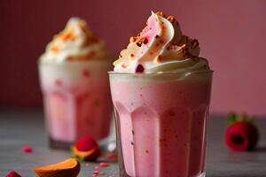 dessert avec des fraises et vinelle la glace crème et crémeux Lait et Rose sirop photo