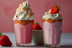 dessert avec des fraises et vinelle la glace crème et crémeux Lait et Rose sirop photo