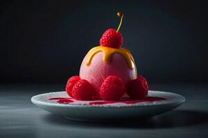 dessert avec des fraises et vinelle la glace crème et crémeux Lait et Rose sirop photo