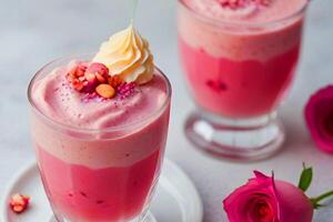 dessert avec des fraises et vinelle la glace crème et crémeux Lait et Rose sirop photo