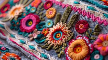 fermer Fait main brodé textile avec mexicain floral modèle, détaillé couture, photo