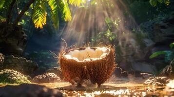 noix de coco dans une serein jungle réglage illuminé par lumière du soleil. tropical vacances, été rafraîchissement photo