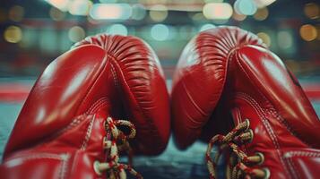 fermer image de une paire de rouge boxe gants, flou boxe bague Contexte. été olympique Jeux photo