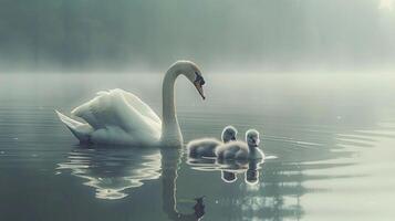 cygne mère enseignement sa cygnes à nager sur une serein lac. maternel se soucier, mathématiques journée photo