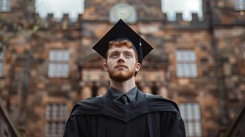 une Jeune rouge aux cheveux homme dans une noir robe et l'obtention du diplôme casquette dans de face de une université. photo