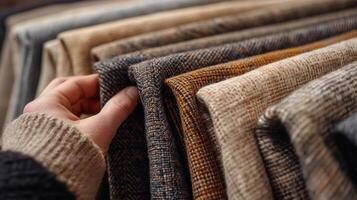 une main sélection la laine en tissu échantillons dans neutre tons. élégance pour sur mesure vêtements. photo