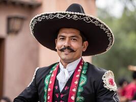 mexicain homme célébrer cinco de mayonnaise. il est portant traditionnel mariachi costume. photo