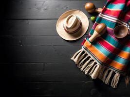 copie espace Contexte de mexicain couverture et chapeau dans le foncé Contexte pour cinco de mayo concept. photo