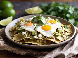 l'eau à la bouche mexicain Chilaquiles. une délicieux petit déjeuner assiette avec frit des œufs et croustillant bacon. photo