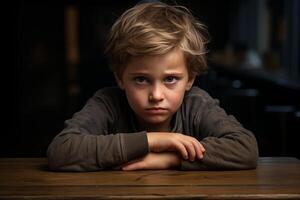 une Jeune garçon est assis à une en bois table avec le sien bras plié et une triste expression sur le sien affronter. photo