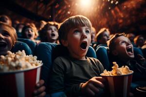 nombreuses des gamins dans une bondé film théâtre s'asseoir, orienté vers une grand filtrer, absorbé dans le film étant montré. photo
