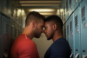 deux Hommes permanent dans une couloir entre Lignes de Casiers. le Hommes sont à la recherche à chaque autre avec sérieux expressions, entouré par une typique école ou Gym casier pièce paramètre. photo