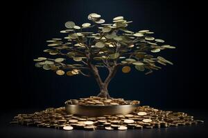 une petit arbre couvert dans un abondance de pièces de monnaie croissance de ses branches et tronc, symbolisant croissance et financier prospérité. argent arbre pousse nombreux pièces de monnaie. photo