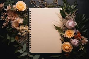 un ouvert carnet mensonges sur une surface, entouré par divers coloré fleurs et feuilles autour il. photo