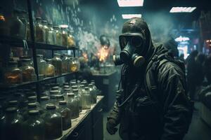 une homme dans une gaz masque dans une usine, représentant un atmosphère de industriel la pollution et préoccupation pour santé et sécurité. photo