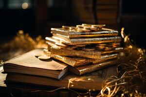 une empiler de doré livres soigneusement empilés sur une en bois table le long de avec or pièces de monnaie. photo