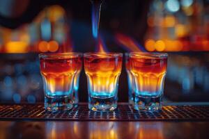 une barman est verser une boisson dans une verre avec une bleu flamme photo