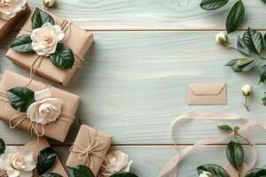 une en bois table avec une bouquet de marron des boites et fleurs sur il photo