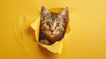 chat dans trou de papier, peu tigré chat avoir en dehors par le artisanat arrière-plan, marrant animal de compagnie. photo