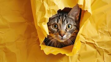 chat dans trou de papier, peu tigré chat avoir en dehors par le artisanat arrière-plan, marrant animal de compagnie. photo