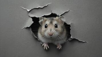 une pensif hamster émergente de une déchirer dans gris papier. regards en dehors de le écart photo