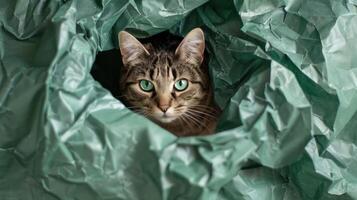 chat dans trou de vert papier, peu tigré chat avoir en dehors par le artisanat arrière-plan, marrant animal de compagnie. photo