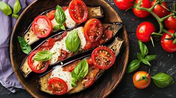 cuit aubergine avec mozzarella fromage haché tomates photo