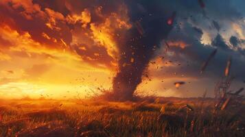 tornade dans une champ à le coucher du soleil dans nuageux temps photo
